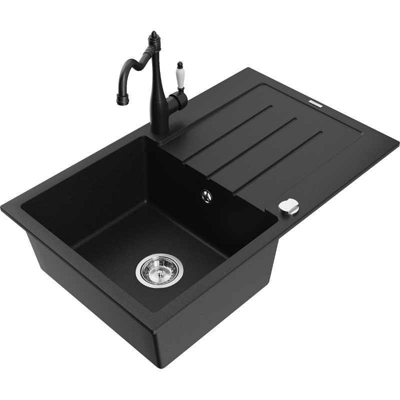 Mexen Bruno žulový drez 1-komorový s odkvapkávačom a kuchynskou batériou Carla, čierny - 6513-77-670700-70