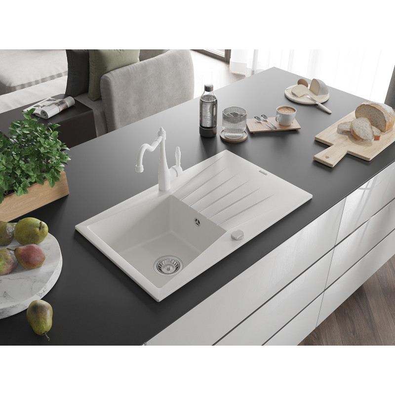 Mexen Cesar granitový drez 1-komorový s odkvapkávačom a kuchynskou batériou Carla, biely - 6514-20-670700-20