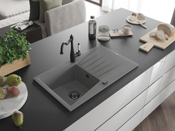 Mexen Cesar žulový drez s 1 komorou, odkvapkávacou plochou a kuchynskou batériou Carla, sivý - 6514-71-670700-70-B