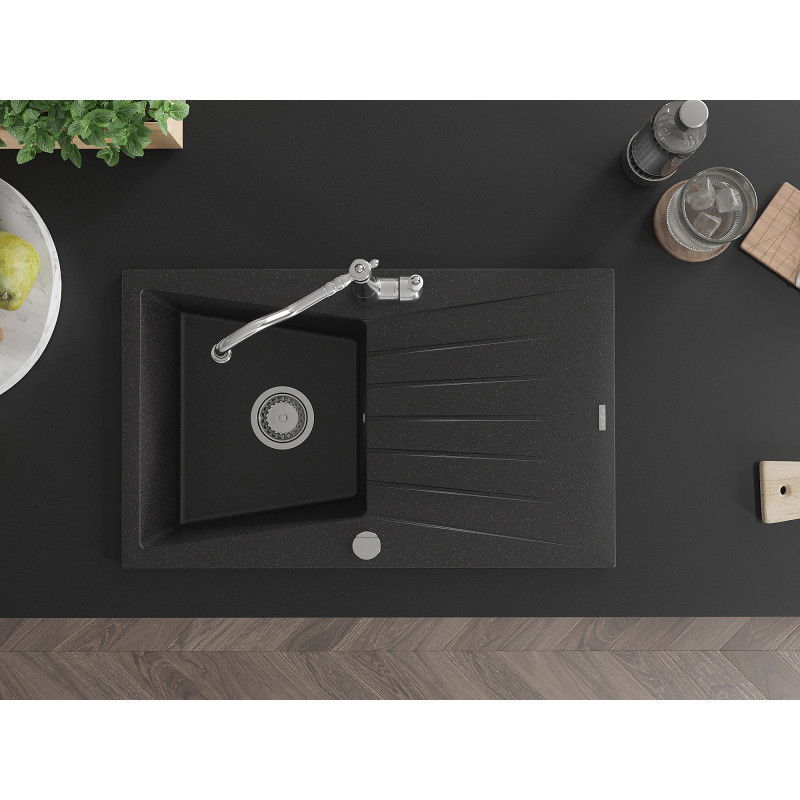 Mexen Cesar granitový drez 1-komorový s odkvapkávačom a kuchynskou batériou Carla, čierny/strieborný metalik
