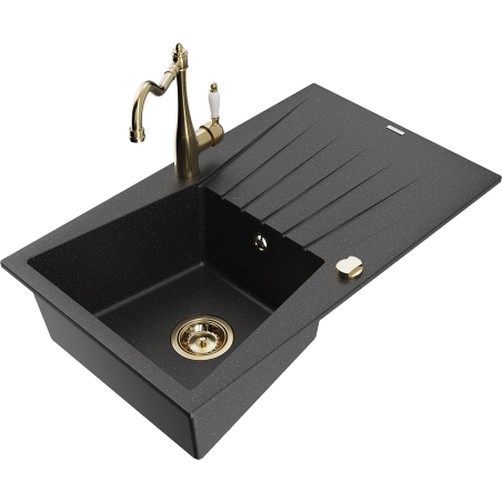 Mexen Cesar granitový kuchynský drez s 1 komorou, odkvapkávačom a kuchynskou batériou Carla, čierny/strieborný metalický