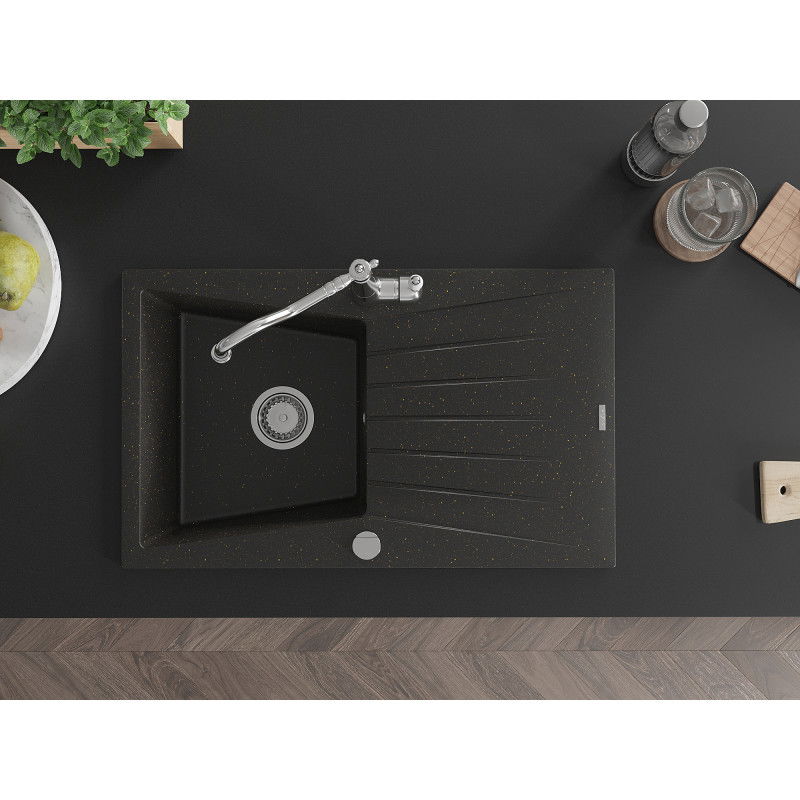 Mexen Cesar granitový drez s 1-komorou s odkvapkávačom a kuchynskou batériou Carla, čierny/zlatý metalik - 6514-75-670700-00