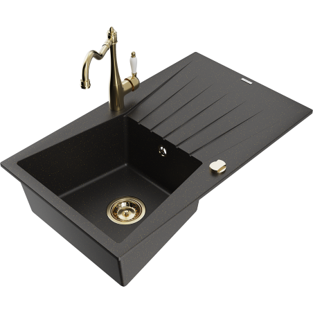 Mexen Cesar granitový drez s 1 komorou, odkvapkávacou plochou a kuchynskou batériou Carla, čierny/zlatý metalický