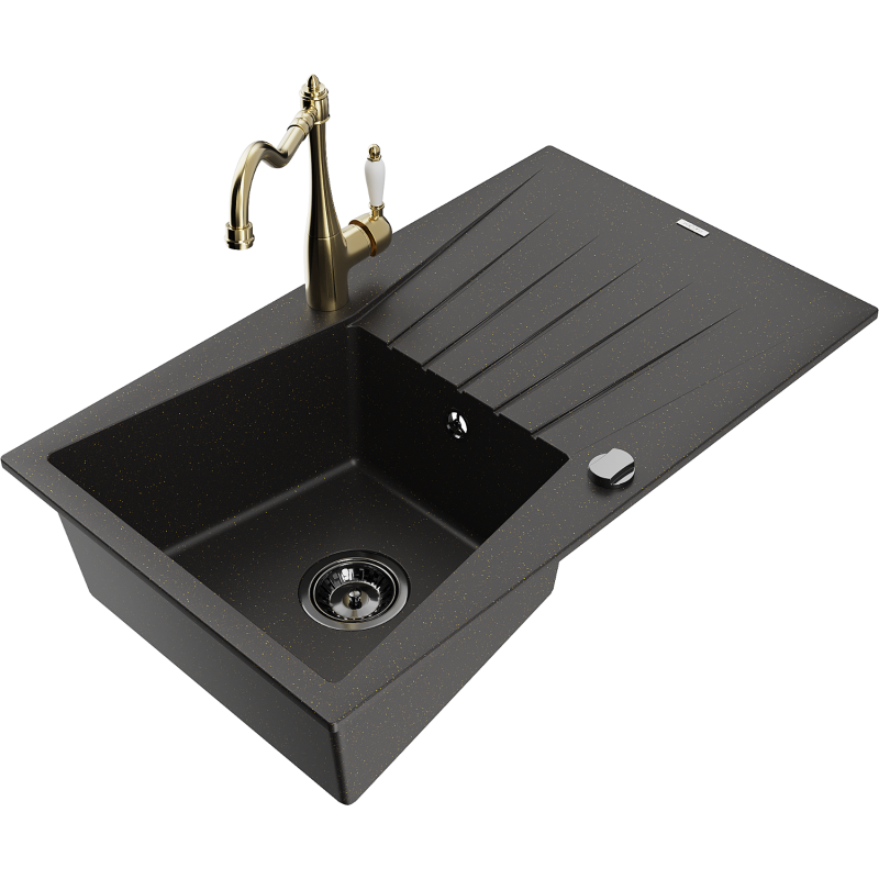 Mexen Cesar granitový jednokomorový kuchynský drez s odkvapkávacou plochou a kuchynskou batériou Carla, čierny/zlatý