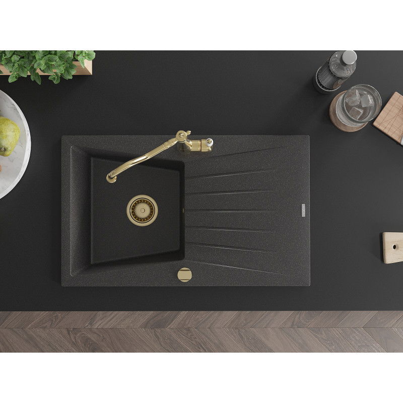 Mexen Cesar žulový kuchynský drez 1-komorový s odkvapkávačom a kuchynskou batériou Carla, čierny škvrnitý - 6514-76-670700-50