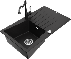 Mexen Cesar žulový drez 1-komorový s odkvapom a kuchynskou batériou Carla, čierny - 6514-77-670700-70