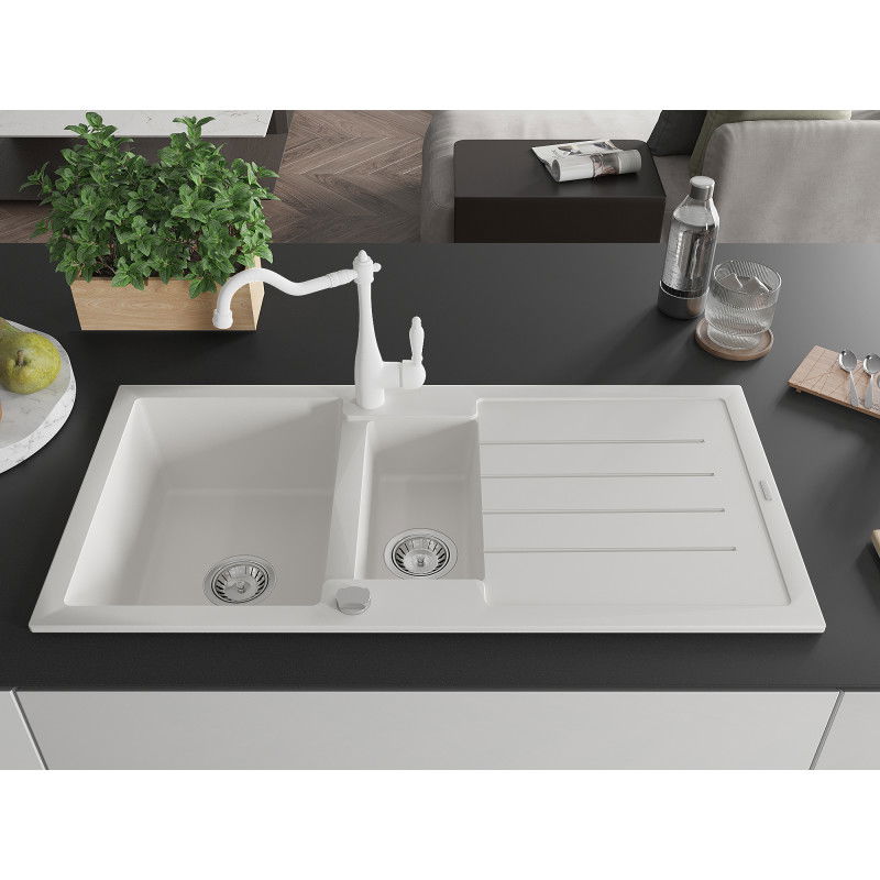 Mexen Andres žulový drez 1,5-komorový s odkvapkávačom a kuchynskou batériou Carla, biely - 6515-20-670700-20