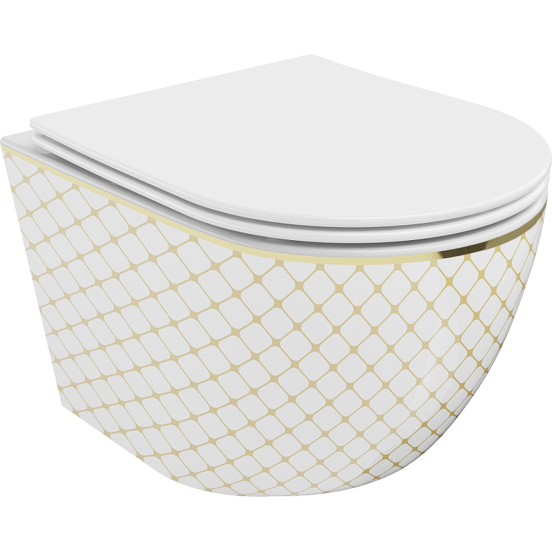 Mexen Lena WC misa Rimless s doskou pomaly zatvárajúca slim, duroplast, biela/zlatá vzor mriežka - 30224009