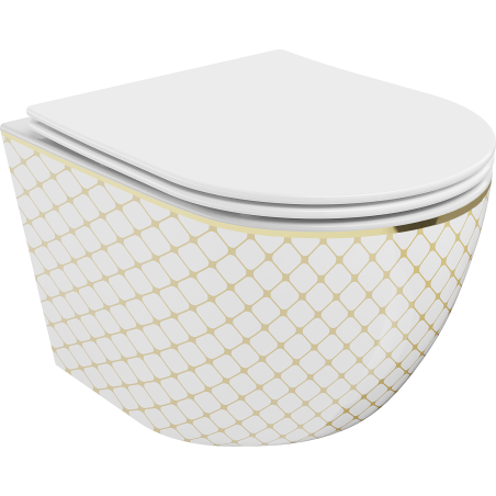 Mexen Lena WC misa Rimless s doskou pomaly zatvárajúca slim, duroplast, biela/zlatá vzor mriežka - 30224009