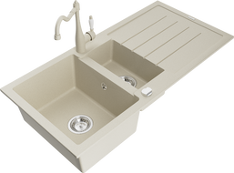 Mexen Andres granitový drez 1,5-komorový s odkvapkávacou plochou a kuchynskou batériou Carla, béžový - 6515-69-670700-69