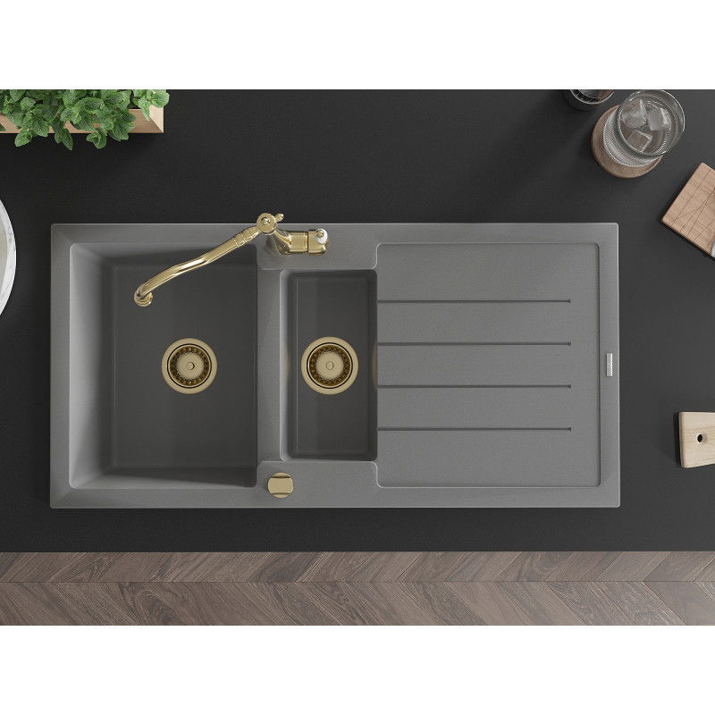Mexen Andres granitový drez s 1,5 vaničkami s odkvapom a kuchynskou batériou Carla, sivý - 6515-71-670700-50