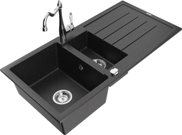 Mexen Andres granitový drez s 1,5 komorou s odkvapkávačom a kuchynskou batériou Carla, čierny/strieborný