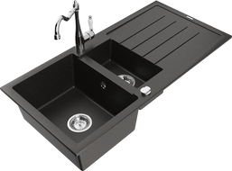 Mexen Andres žulový drez 1,5-komorový s odkvapkávačom a kuchynskou batériou Carla, čierny/zlatý metalik - 6515-75-670700-00