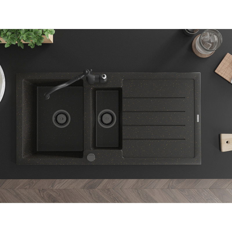 Mexen Andres žulový drez 1,5-komorový s odkvapkávačom a kuchynskou batériou Carla, čierny/zlatý - 6515-75-670700-70-B