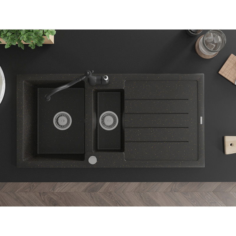 Mexen Andres granitový drez 1,5-komorový s odkvapkávačom a kuchynskou batériou Carla, čierny/zlatý - 6515-75-670700-70