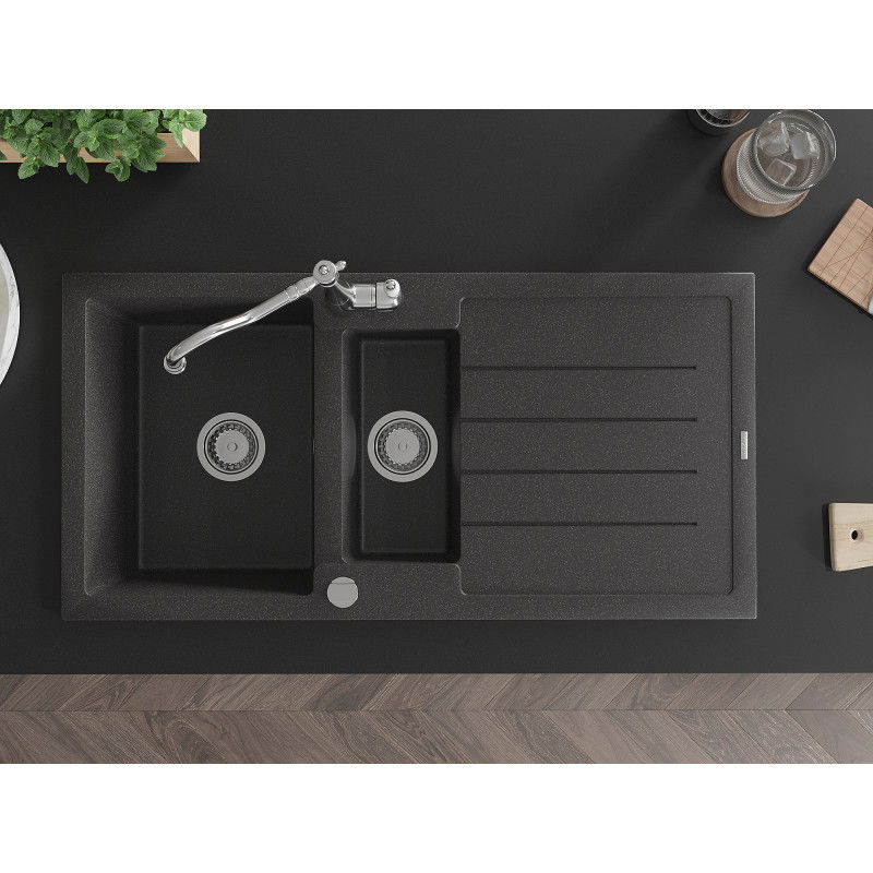 Mexen Andres žulový drez 1,5-komorový s odkvapkávačom a kuchynskou batériou Carla, čierny s fľakmi - 6515-76-670700-00