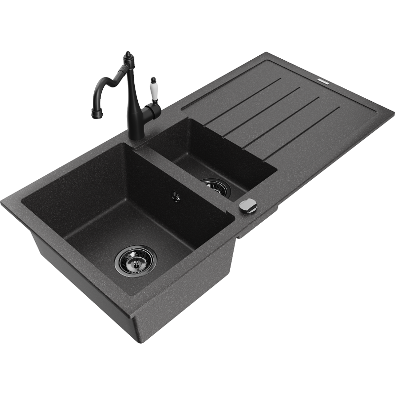 Mexen Andres granitový drez s 1,5 komorou s odkvapkávačom a kuchynskou batériou Carla, čierny bodkovaný