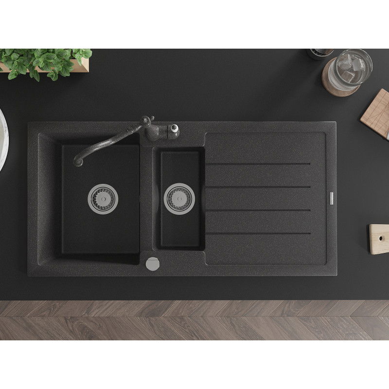 Mexen Andres granitový drez 1,5-komorový s odkvapkávačom a kuchynskou batériou Carla, čierny striekaný - 6515-76-670700-76