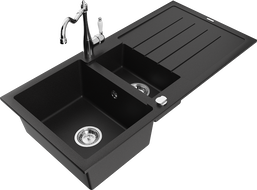 Mexen Andres kamenný kuchynský drez 1,5-miskový s odkvapkávačom a kuchynskou batériou Carla, čierny - 6515-77-670700-00