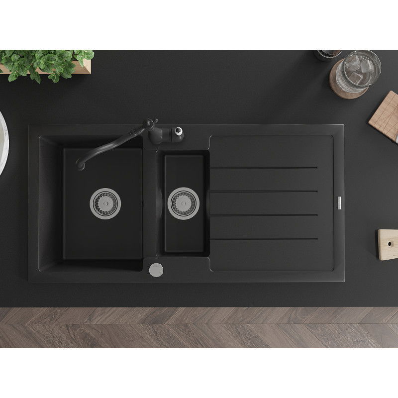 Mexen Andres žulový drez 1,5-komorový s odkvapkávačom a kuchynskou batériou Carla, čierny - 6515-77-670700-70