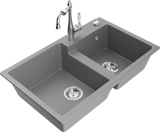 Mexen Tomas žulový drez s 2 komorami a kuchynskou batériou Carla, sivý - 6516-71-670700-00