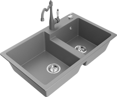 Mexen Tomas dvojkomorový granitový drez s kuchynskou batériou Carla, sivý - 6516-71-670700-71