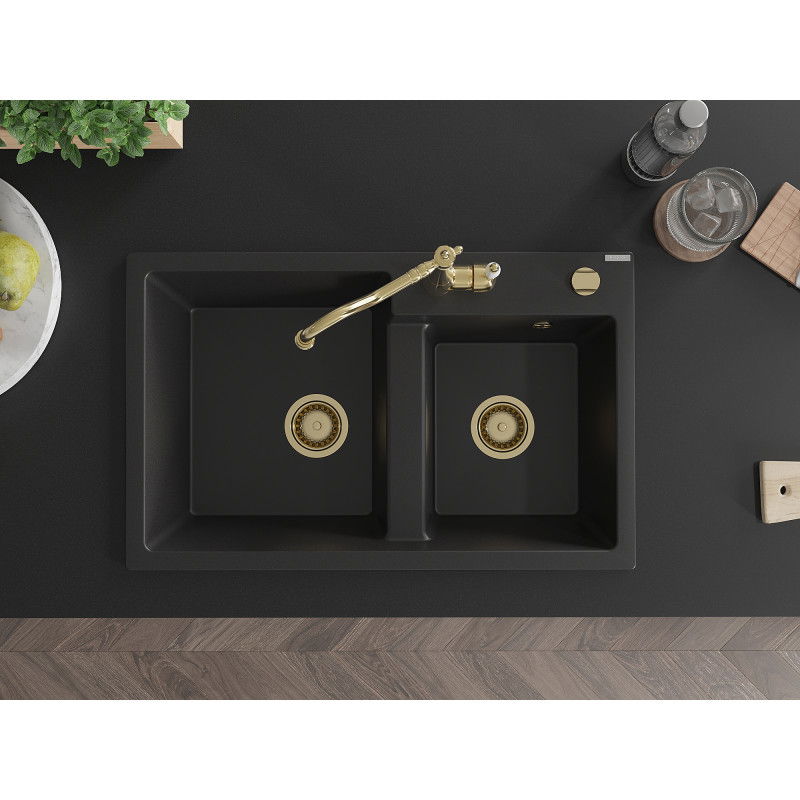 Mexen Tomas granitový kuchynský drez 2-komorový s kuchynskou batériou Carla, čierny - 6516-77-670700-50