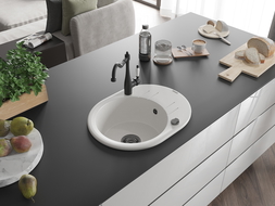 Mexen Kevin žulový drez 1-komorový s odkvapkávacou plochou a kuchynskou batériou Carla, biely - 6517-20-670700-70