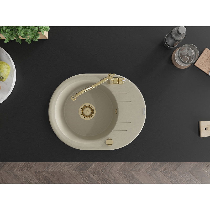 Mexen Kevin granitový drez 1-komorový s odkvapkávačom a kuchynskou batériou Carla, béžový - 6517-69-670700-50