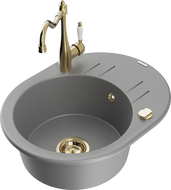 Mexen Kevin granitový drez 1-komorový s odkvapkávačom a kuchynskou batériou Carla, šedý - 6517-71-670700-50