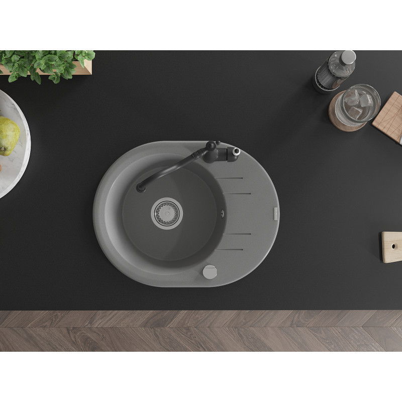 Mexen Kevin žulový kuchynský drez 1-komorový s odkvapom a kuchynskou batériou Carla, sivý - 6517-71-670700-70