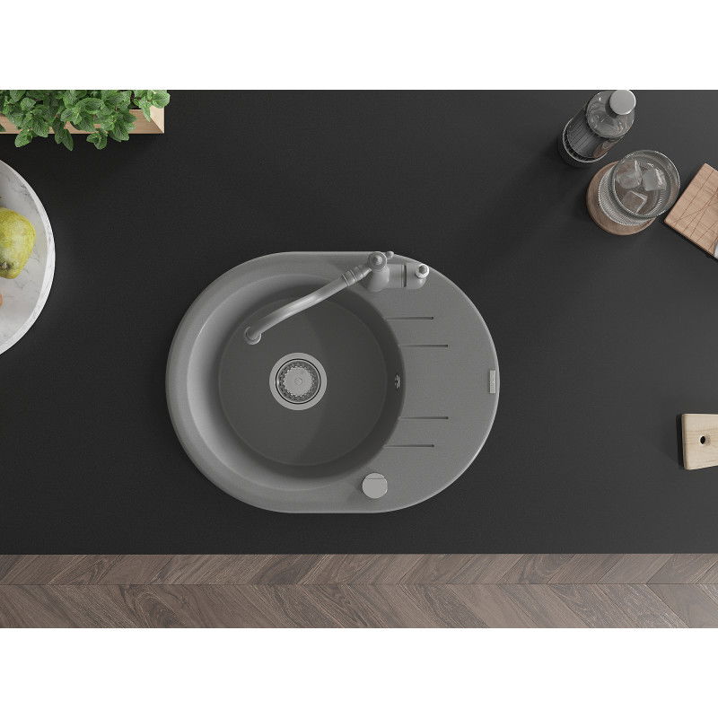 Mexen Kevin granitový kuchynský drez s 1-komorou a odkvapkávacou plochou a kuchynskou batériou Carla, šedý - 6517-71-670700-71