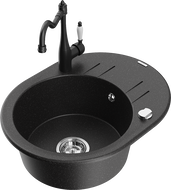 Mexen Kevin granitový drez s 1 komorou, odkvapom a kuchynskou batériou Carla, čierny/strieborný metalik - 6517-73-670700-70