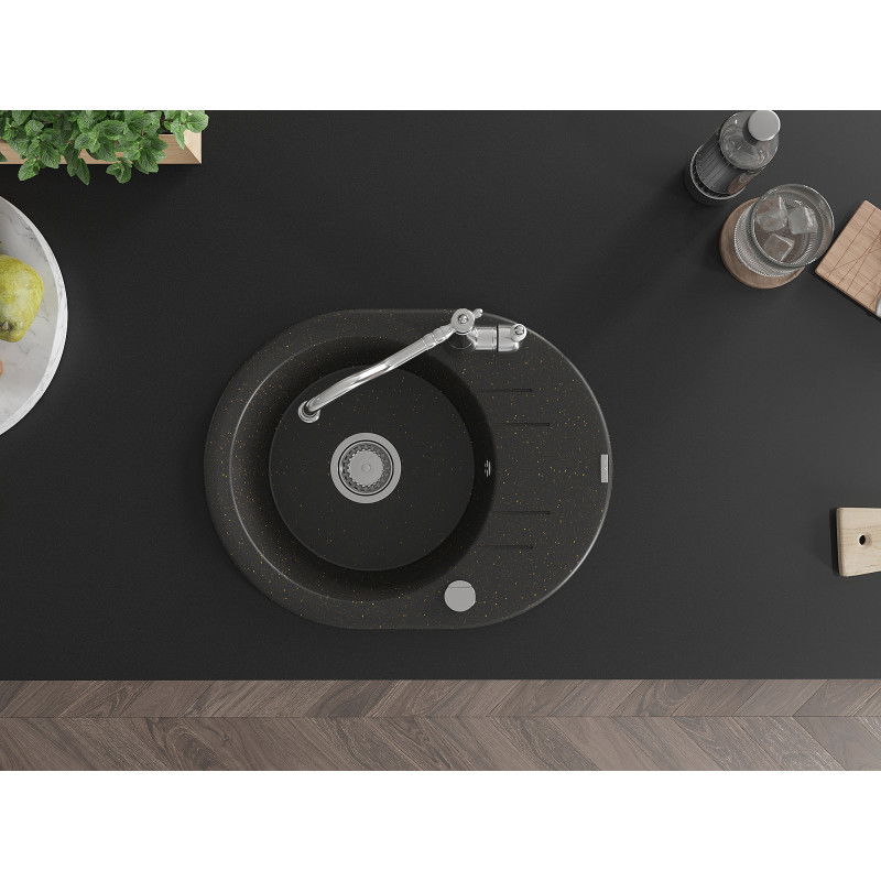 Mexen Kevin žulový drez 1-komorový s odkvapkávačom a kuchynskou batériou Carla, čierny/zlatý metalický - 6517-75-670700-00