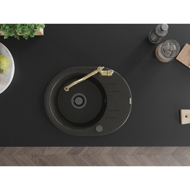 Mexen Kevin granitový drez s 1 komorou s odkvapkávačom a kuchynskou batériou Carla, čierny/zlatý metalický