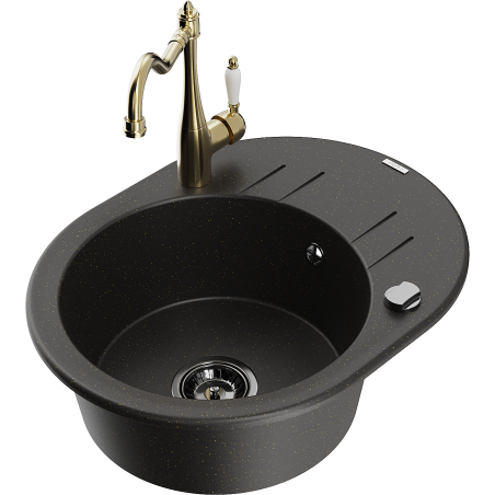 Mexen Kevin granitový drez s 1 komorou s odkvapkávačom a kuchynskou batériou Carla, čierny/zlatý metalický