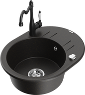 Mexen Kevin žulový drez 1-komorový s odkvapkávačom a kuchynskou batériou Carla, čierny/zlatý metalik - 6517-75-670700-70