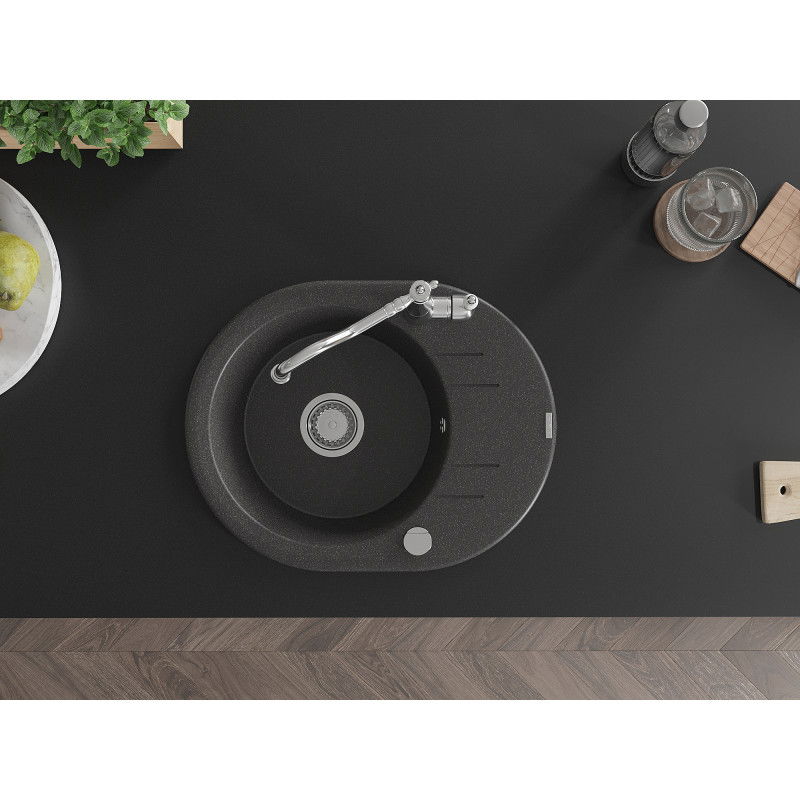 Mexen Kevin žulový drez 1-komorový s odkvapkávačom a kuchynskou batériou Carla, čierny bodkovaný - 6517-76-670700-00