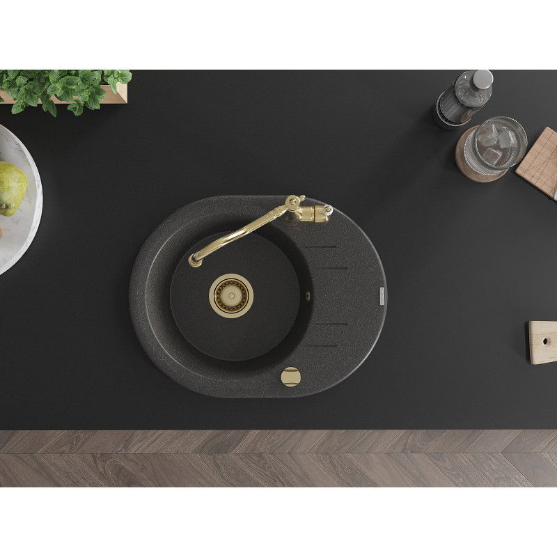 Mexen Kevin žulový jednodrez s odkvapkávačom a kuchynskou batériou Carla, čierny bodkovaný - 6517-76-670700-50