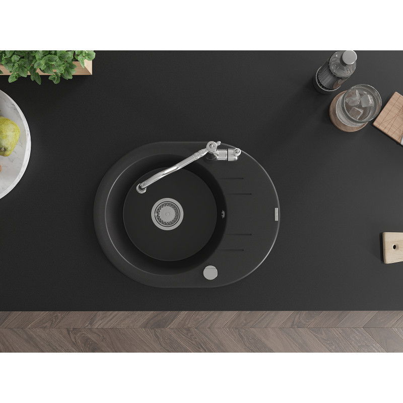 Mexen Kevin granitový drez 1-komorový s odkvapkávačom a kuchynskou batériou Carla, čierny - 6517-77-670700-00