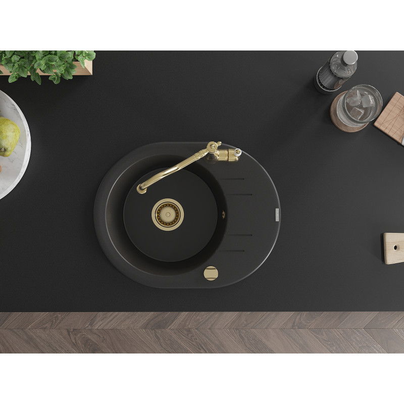 Mexen Kevin žulový drez s 1 komorou, odkvapkávačom a kuchynskou batériou Carla, čierna - 6517-77-670700-50