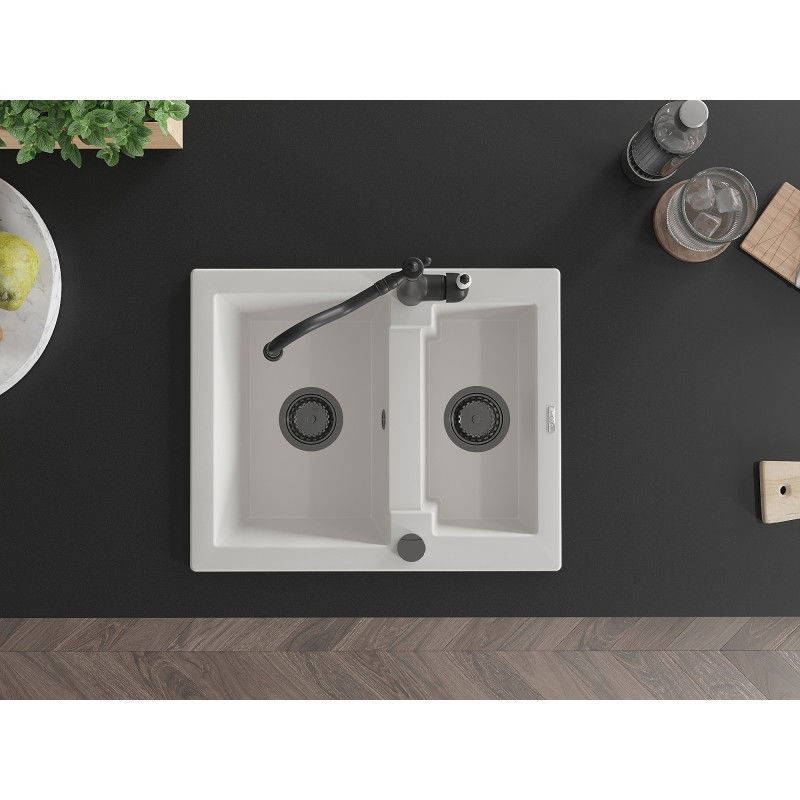 Mexen Carlos granitový drez s 1,5 komorou s kuchynskou batériou Carla, biely - 6518-20-670700-70