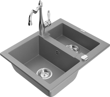 Mexen Carlos granitový drez 1,5-komorový s kuchynskou batériou Carla, sivý - 6518-71-670700-00