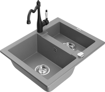 Mexen Carlos granitový drez 1,5-komorový s kuchynskou batériou Carla, sivý - 6518-71-670700-70