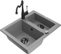 Mexen Carlos žulový drez 1,5-komorový s kuchynskou batériou Carla, sivý - 6518-71-670700-70-B