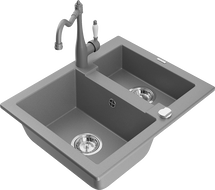 Mexen Carlos granitový kuchynský drez 1,5-komorový s kuchynskou batériou Carla, sivý - 6518-71-670700-71