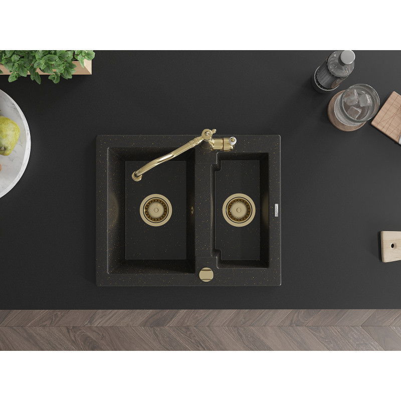 Mexen Carlos žulový drez 1,5-komorový s kuchynskou batériou Carla, čierny/zlatý metalik - 6518-75-670700-50