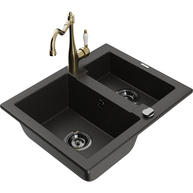 Mexen Carlos granitový kuchynský drez s 1,5 komorou a kuchynskou batériou Carla, čierny/zlatý metalik - 6518-75-670700-50-B