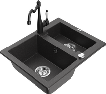 Mexen Carlos granitový drez s 1,5 komorou a kuchynskou batériou Carla, čierny s bodkami - 6518-76-670700-70