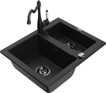 Mexen Carlos žulový drez 1,5-komorový s kuchynskou batériou Carla, čierny - 6518-77-670700-70-B